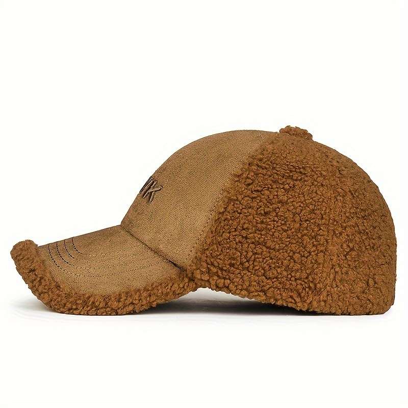 1pc FEWK Embroidered Fleece Baseball Cap Warm Cozy Brown Trucker Hat with Faux Leather Patc