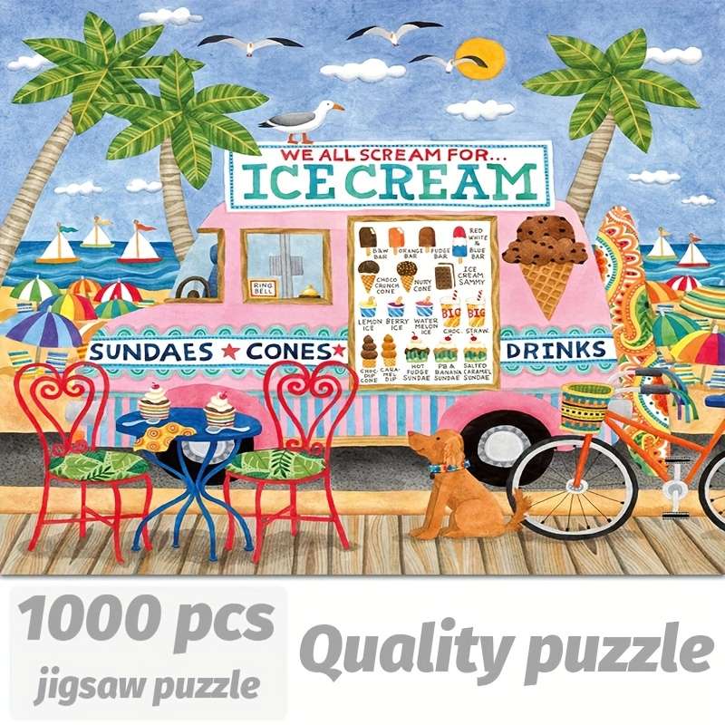 1000pcs Jigsaw Puzzle for Adults Vibrant Beach Scene with Ice Cream Truck Palm Tre