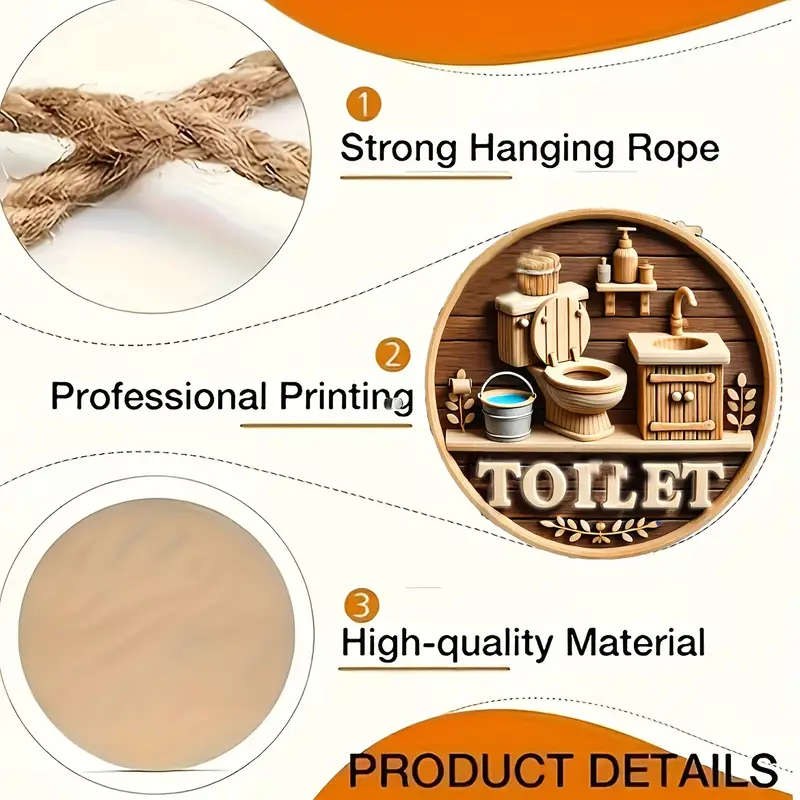 1pc Charming 20.32cm x 20.32cm Wooden Toilet Sign Rustic Bathroom Decor with Toilet Basin Leaf Motif