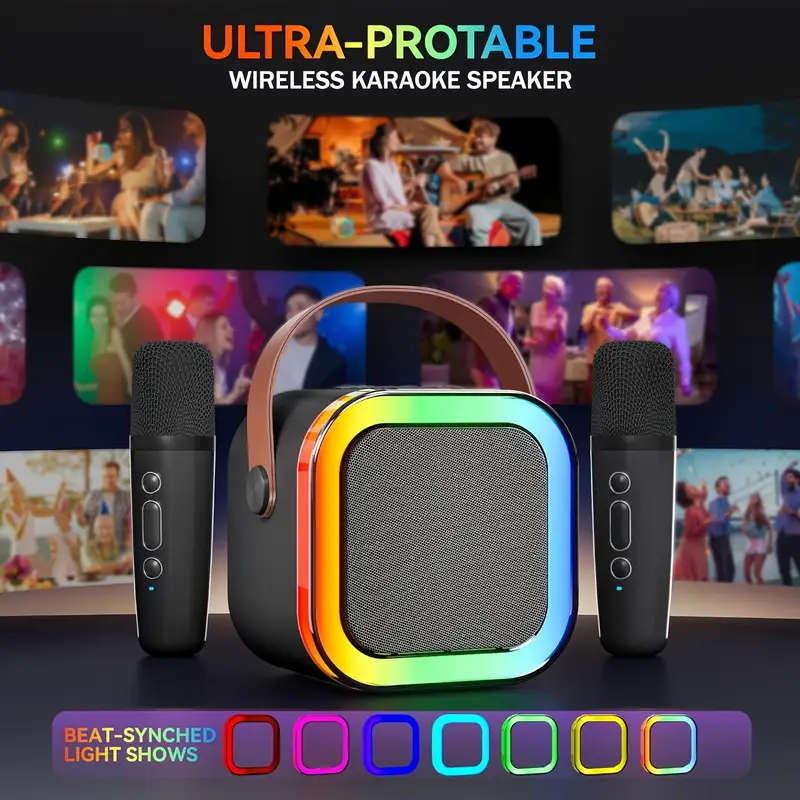 Mini Karaoke Machine for Youngsters Wireless Speaker with 2 Wireless Microphone and LED Lights