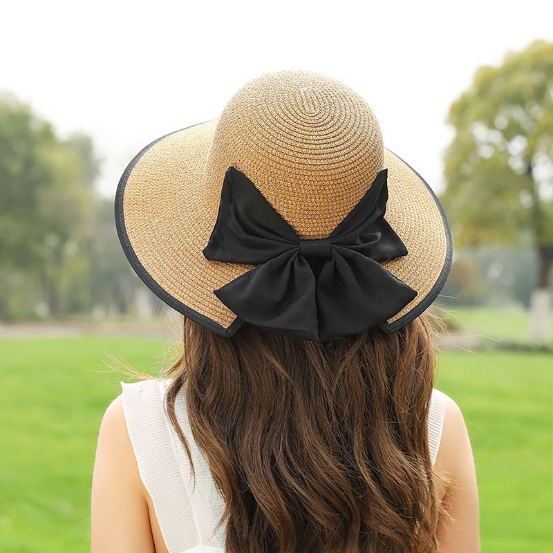 1pc Stylish Wide Brim Straw Sun Hat with Black Ribbon Bow Lightweight Polyester Beach Hat for Wom