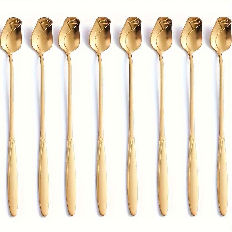 8pcs High-Quality Stainless Steel Rose Flower Spoon Fashionable Design 6.77-inch Long Handle