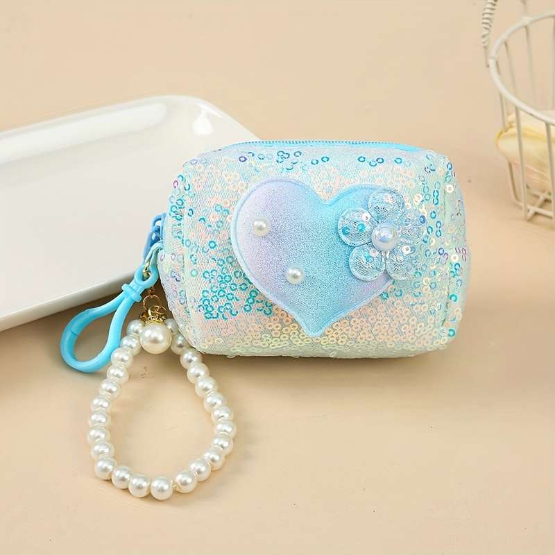 1pc Elegant Heart-Shaped Sequin Coin Purse with Pearl Accent C Vibrant Glitter Design Compact