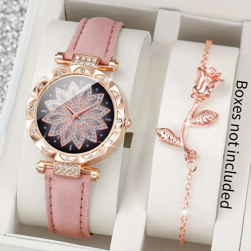 2pcs Set Women's Fashionable Simple Flower Petal Quartz Watch With Bracelet Set Includes Watchband A