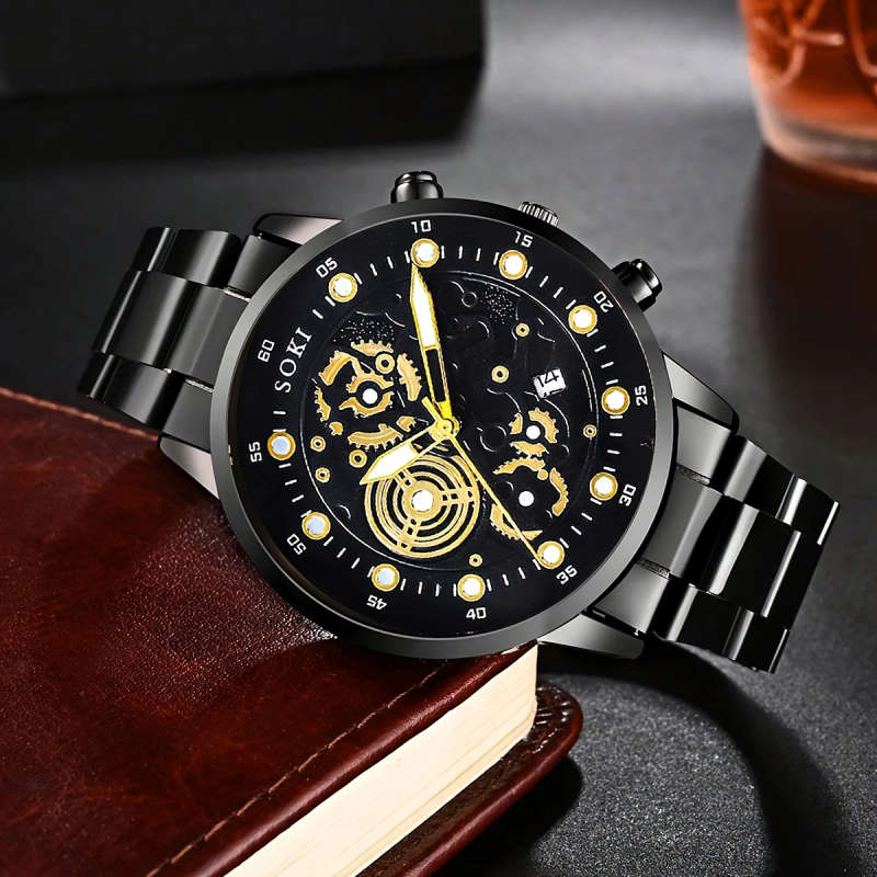 1pc Men's Business Casual Quartz Watch with Calendar Black Stainless Steel Strap Digital Dial Golden