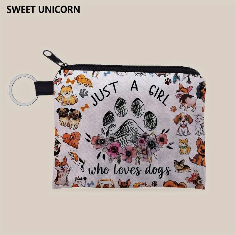 1pc SWEET Cute Dog Print Purse Lightweight Zipper Pouch with Keychain Small Capacity Multifu