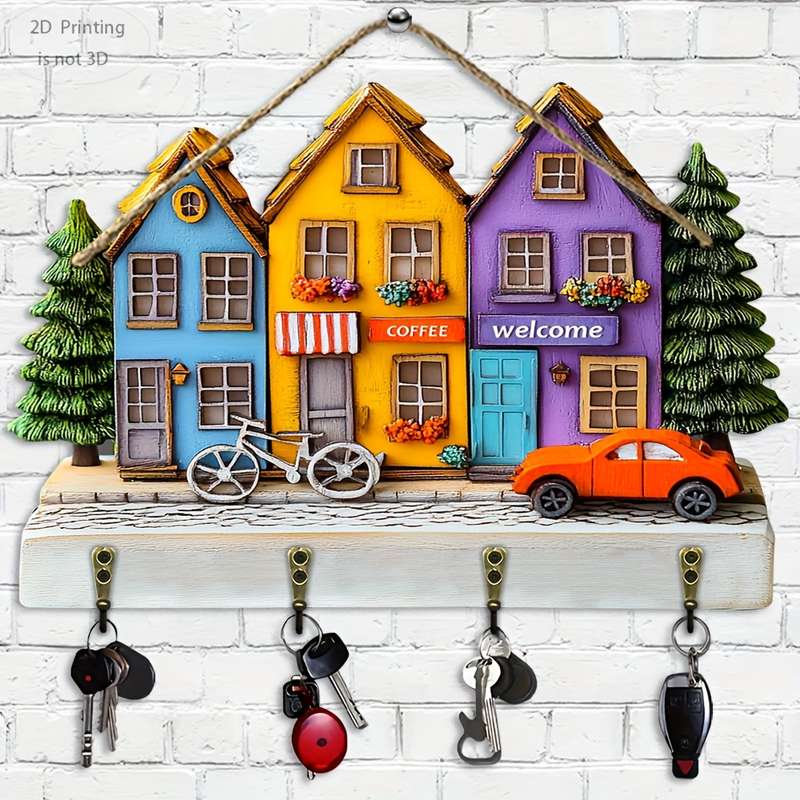 2D Flat 2D flat 1pc Warm Town CafeWooden multifunctional home key hanger (29.97cm x 22.86cm) w
