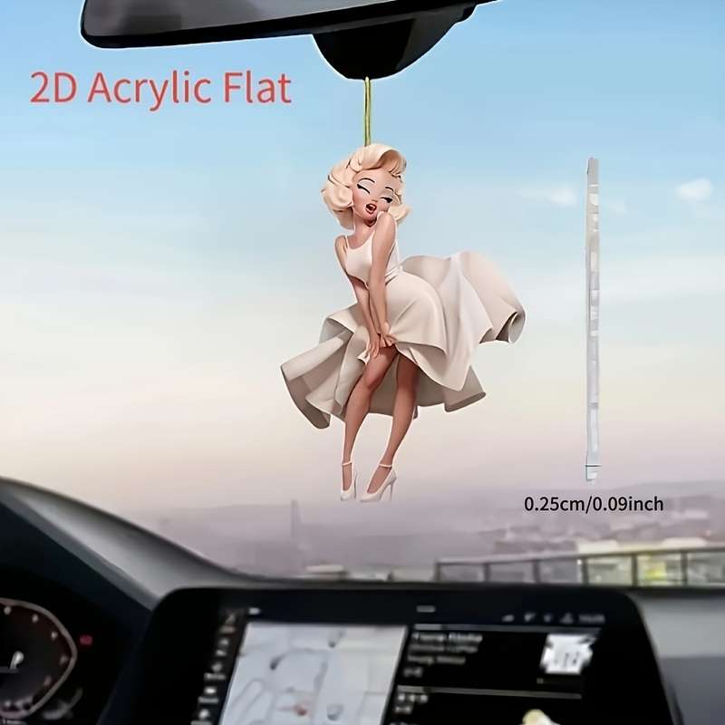 1pc 2D Flat  Acrylic Angel Car Rearview Mirror Decal Vibrant Golden-Haired Angel in White Dress I