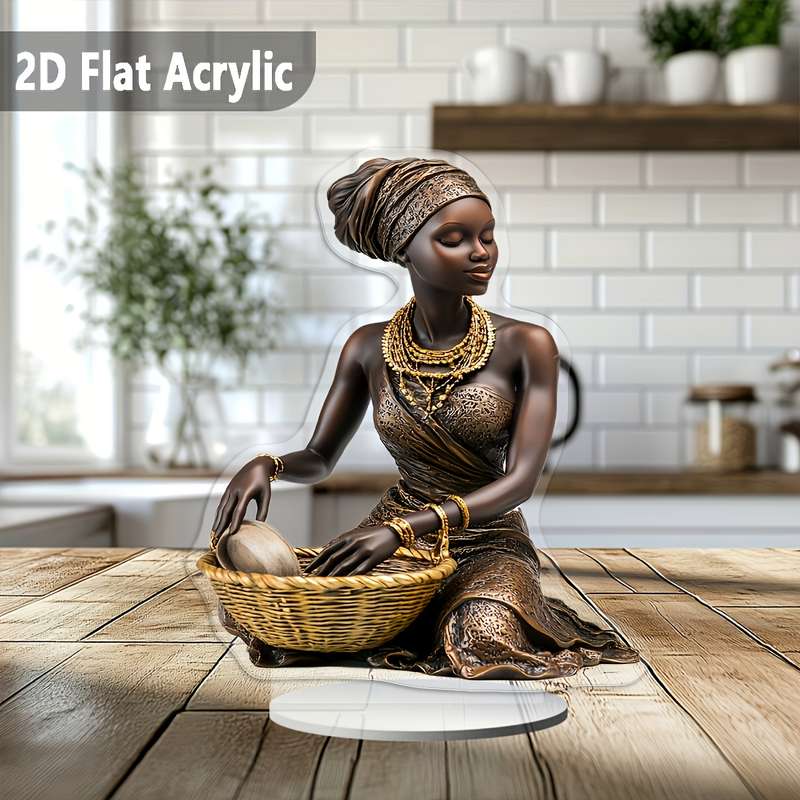 1pc 2D Flat  A Beautiful Acrylic Tabletop Ornament of an African Woman with a Basket Perfect for