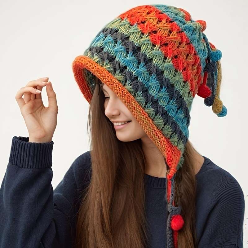1pc New Autumn and Winter Bohemian Style Handmade Crochet Color Hat Thickened and Warm Dopamine K