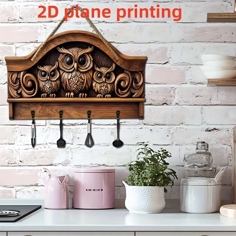 A 2D Printed Piece Featuring Three Owls a Simple And Colorful Wooden Key Hook with Four Metal Hooks