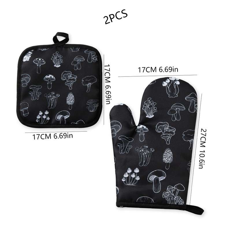 2pcs Polyester Digital Print Mushroom Pattern Kitchen Baking Oven Mittens Heatproof Mats Dining