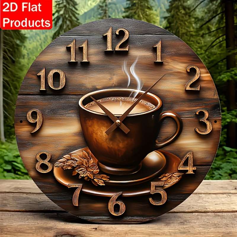 1pc 2D Flat Rustic Wooden Wall Clock with Coffee Cup Design Classic Vintage Style Not real clock