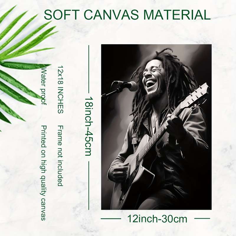 1pc 2D Flat  Frameless Bob Marley Guitar Portrait Canvas Wall Art Monochrome Music Icon Poste