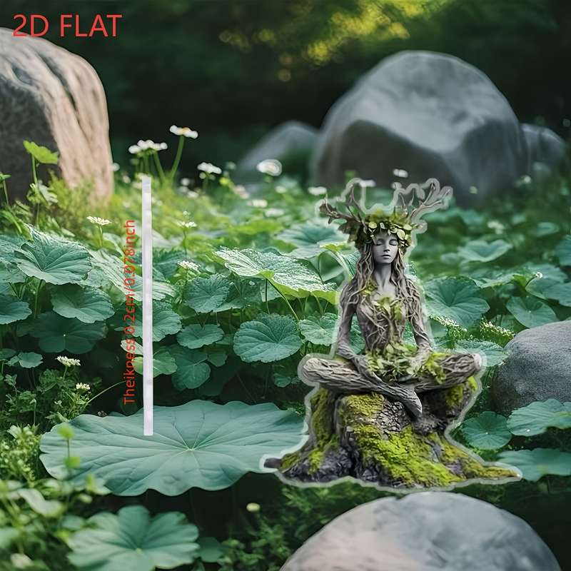 1pc 2D Flat   Bohemian Acrylic Tree Fairy Garden Stake Serene Meditation Pose with Moss Roots