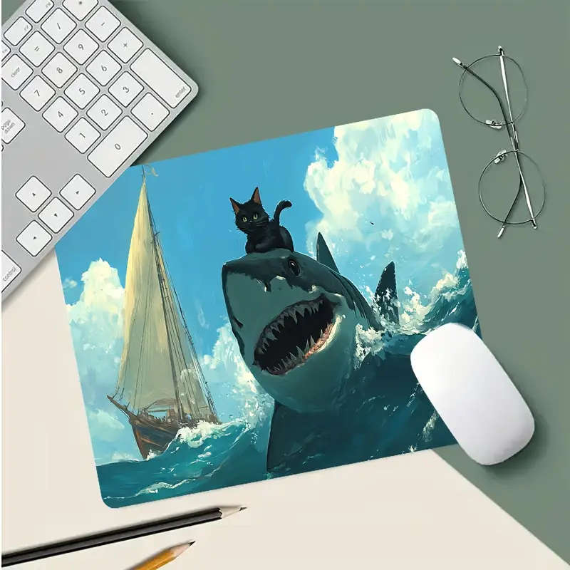 1pc 21x26cm Whimsical Cat Riding Shark Design Soft Non-Slip Mouse Pad Washable Durable Desk Mat