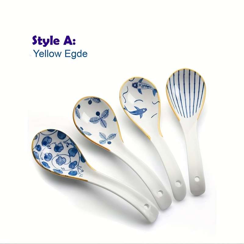 4pcs Blue White Ceramic Asian Soup Spoons 16.0cm Round with Elegant Floral Butterfly Desig