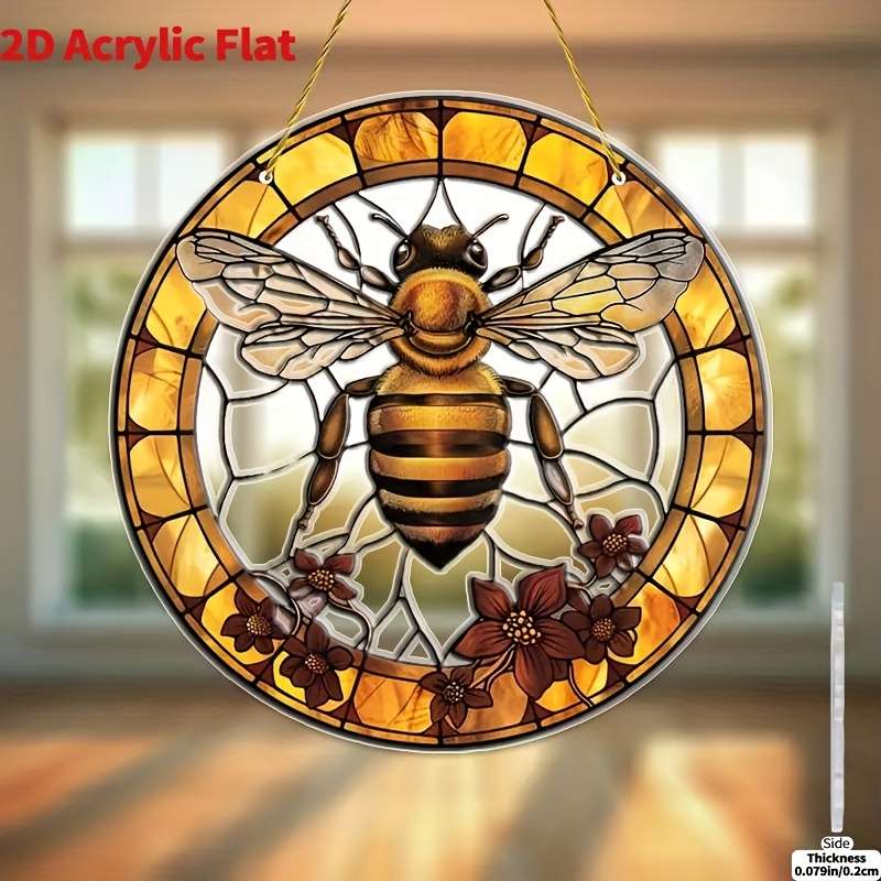 1pc 2D Flat  20.32x20.32 cm Bee Flower Stained Glass-Style Acrylic Suncatcher Vibrant Yellow