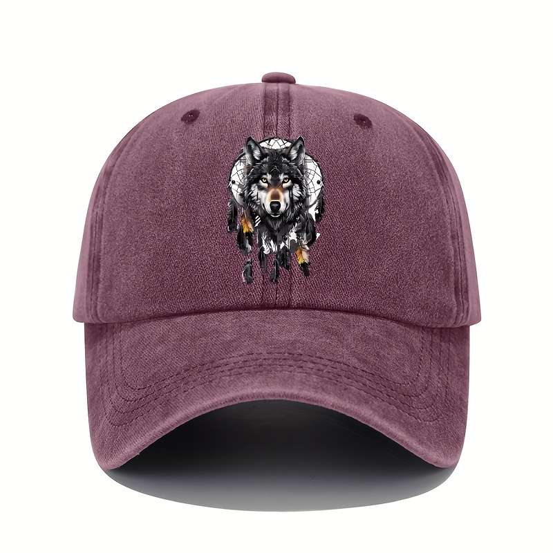 1pc Vintage Washed Cotton Baseball Cap with Wolf Totem Print Adjustable Sun Protection Hat for Al