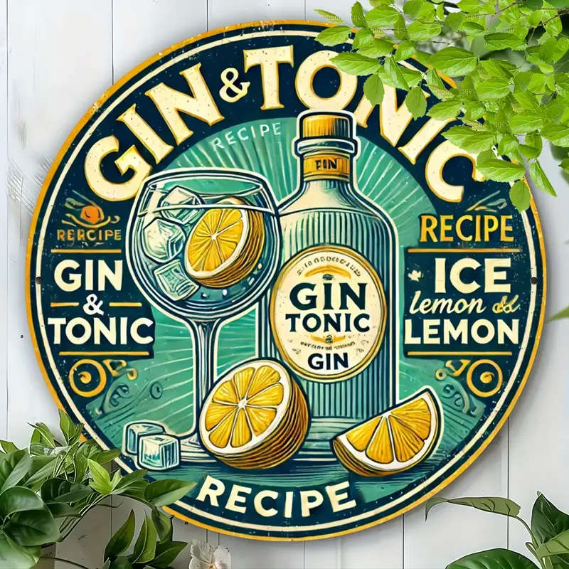 1pc Vintage Cheers Gin Tonic 20.32x20.32cm Round Metal Sign Durable Aluminum Wall Art with Vibrant G
