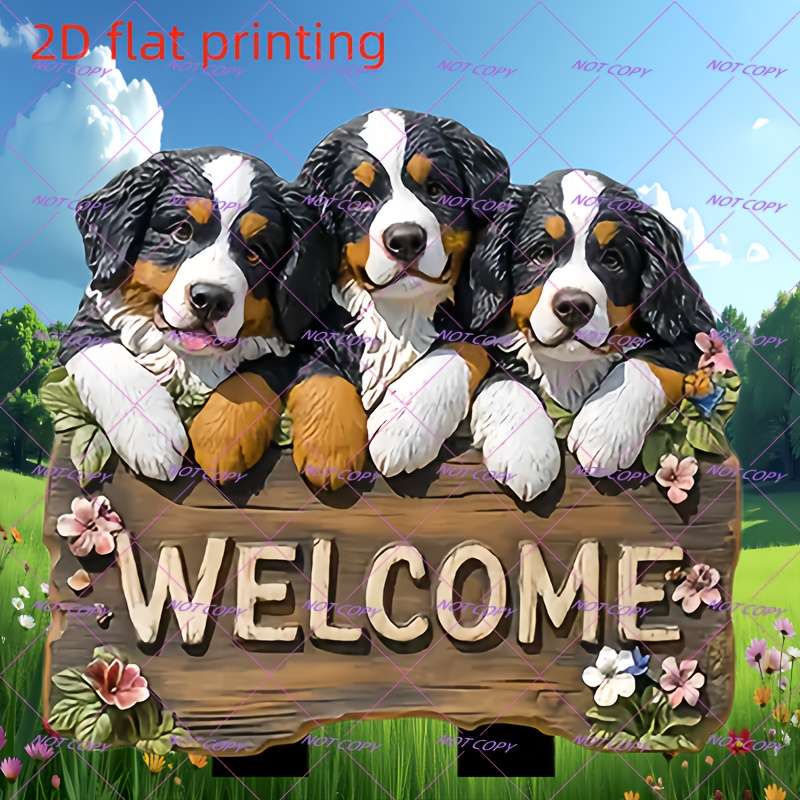 1pc 2D Flat  Printing Acrylic Bernard Mountain Dog Welcome Sign Garden Stake Suitable for Flowerpot