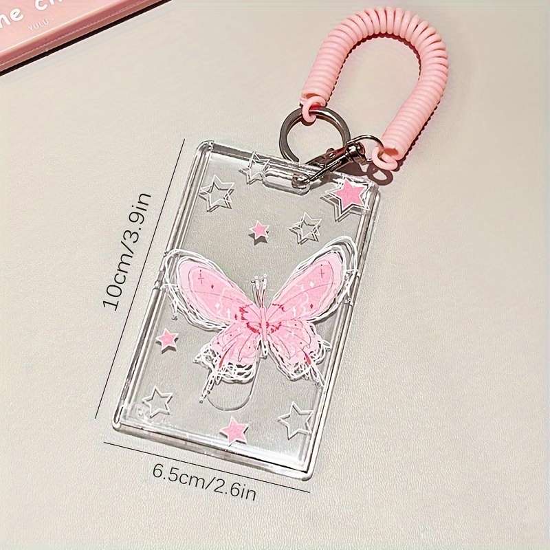 1pc Y2K-Inspired Butterfly Design Transparent ID Card Holder with Keychain Durable Plastic Anti-