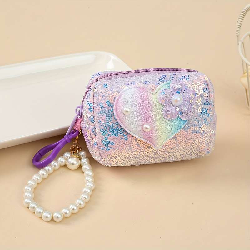 1pc Elegant Heart-Shaped Sequin Coin Purse with Pearl Accent C Vibrant Glitter Design Compact