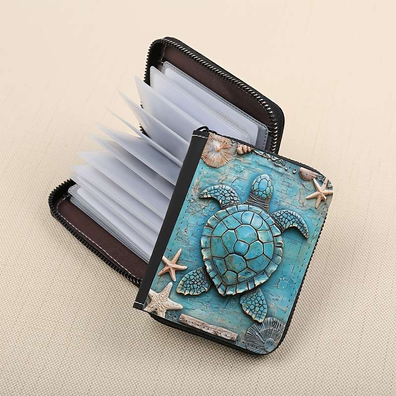 1pc Floral Turtle Print Zipper Wallet 24 Card Slots Coin Purse ID Holder Stylish Card Cas