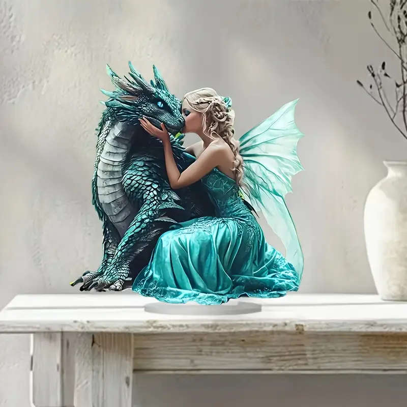 1pc 2D Flat Bohemian Style Acrylic Decorative Plaque Fantasy Elegant Dragon and Fairy Figurine Versa