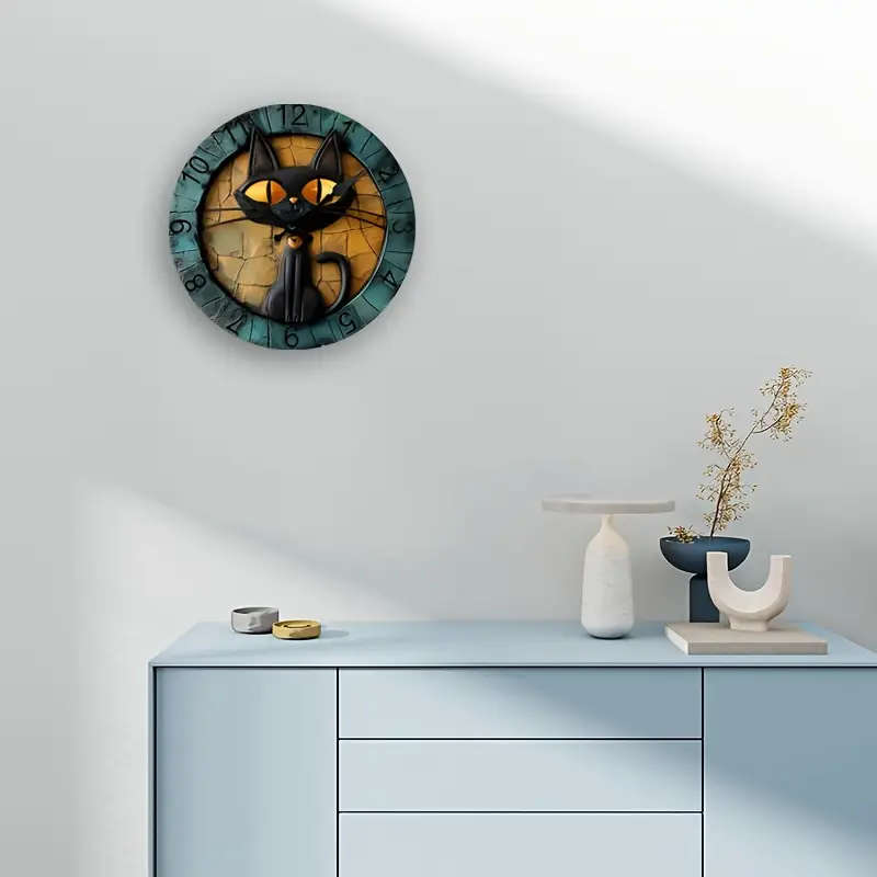 1pc Black Cat Silent Wall Clock Digital Wood Display Round Shape AA Battery Operated Non-Ticking Dec