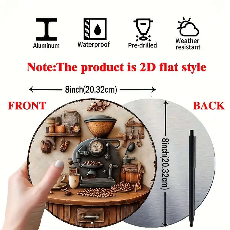1pc 20x20cm 2D Round Aluminum Metal Sign Coffee Beans and Machine Decorations Metal Signs For Office