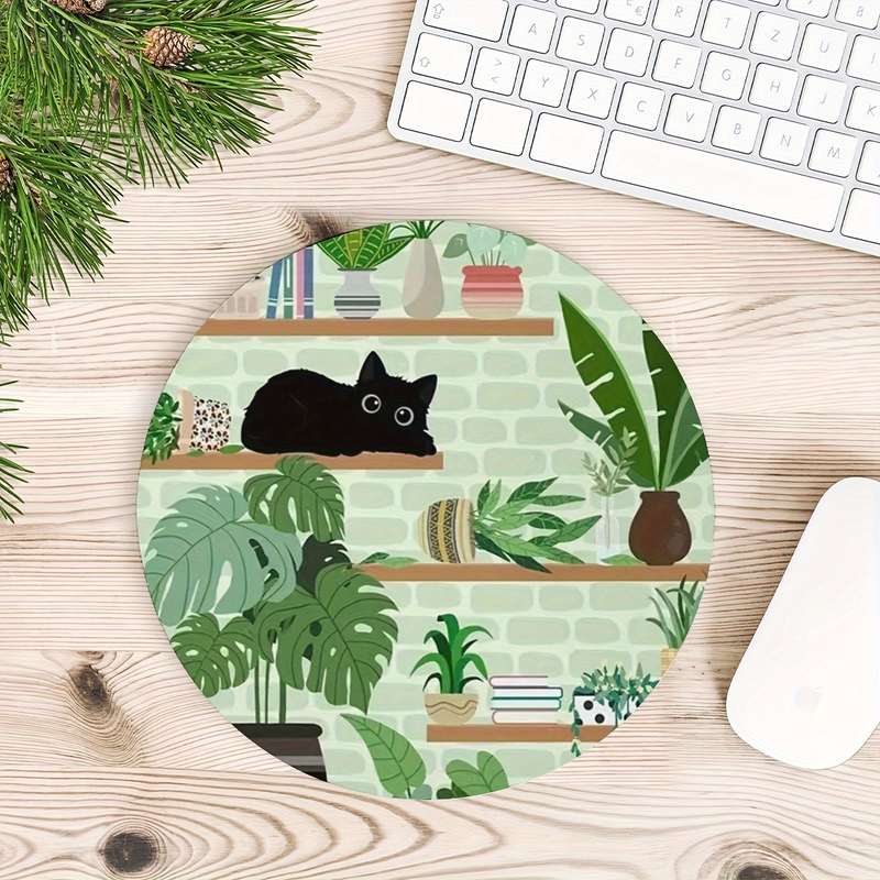 1pc Ergonomic Black Cat Round Mouse Pad for Women and Girls Non-Slip Washable Rubber B