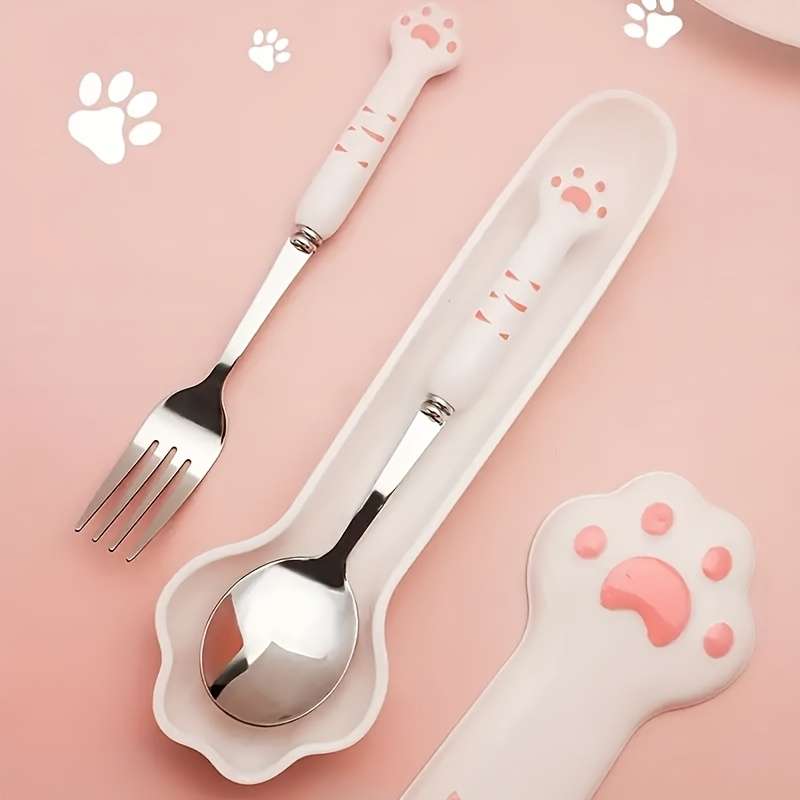 1pc Cat Claw Design Stainless Steel Cutlery Setm Cute Cat's Paw Cutlery Set with Storage Box
