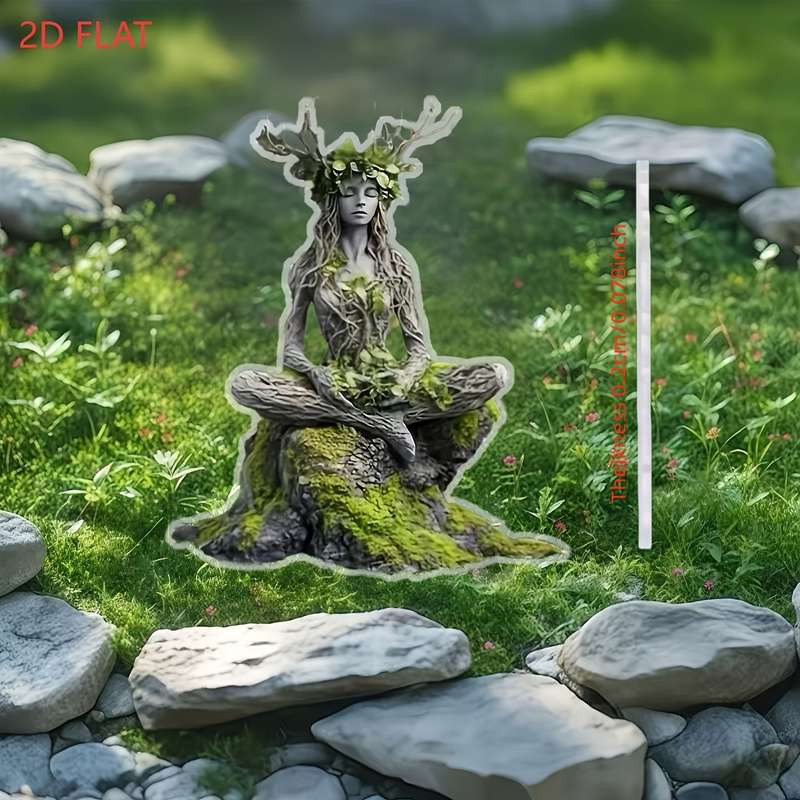1pc 2D Flat   Bohemian Acrylic Tree Fairy Garden Stake Serene Meditation Pose with Moss Roots