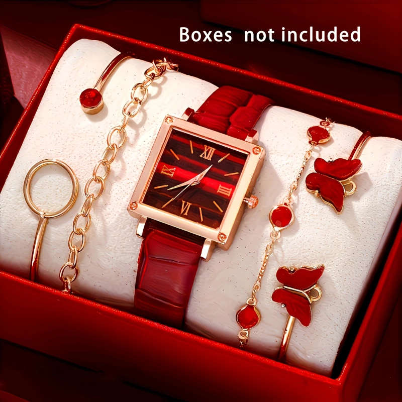 5pcs set Women's Square Personalized Romantic Quartz Watch Simulated PU Leather Strap Watch Paired