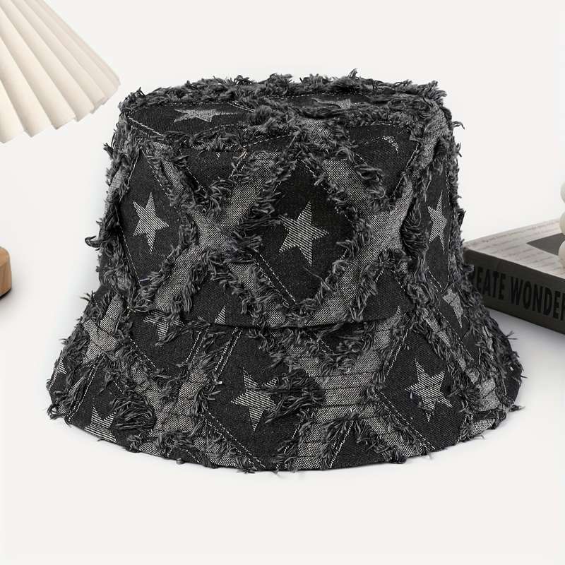 1pc Distressed Star-Patterned Denim Bucket Hat Foldable Sun-Protective Outdoor Cap for Men Wom