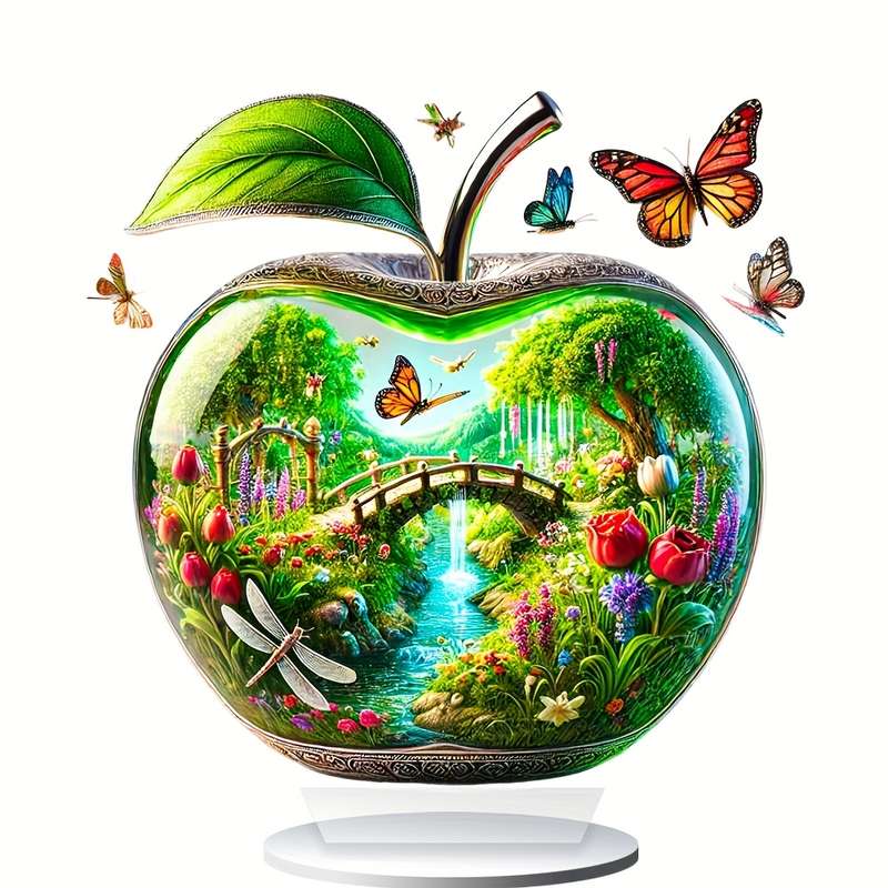 1pc 2D Flat   Charming Apple-Shaped Acrylic Decor a Vibrant Garden with Bridges Waterfalls D