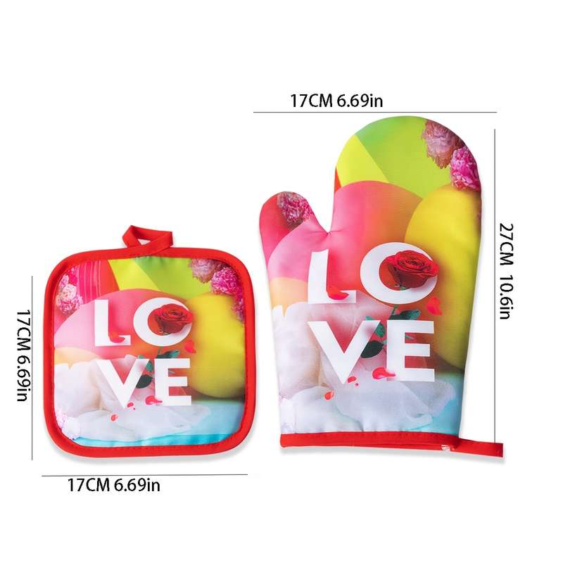 2pcs Valentine'S Day Kitchen Oven Gloves Set Polyester 100% Heat Resistant Baking Mitts Digit
