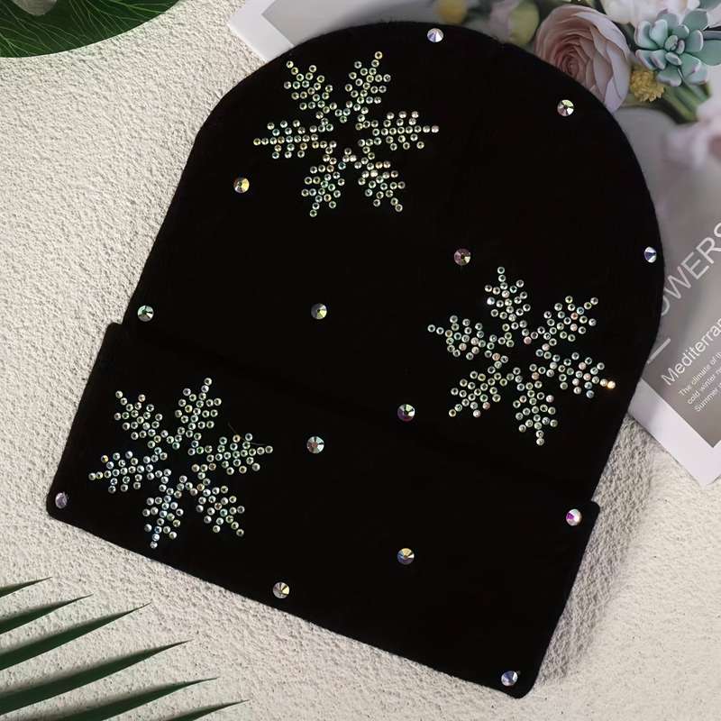1pc Women'S Black Acrylic Beanie with Sparkling Rhinestones Stylish Double-Layer Knit Hat for Fal