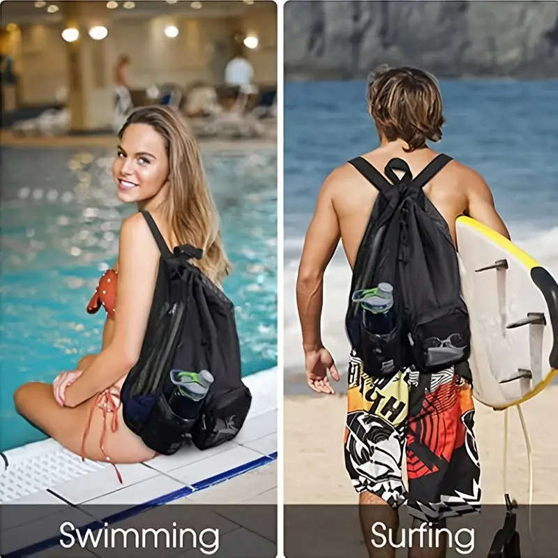 1pc Swimming Bag Mesh Drawstring Backpack with Wet Bag Beach Backpack Outdoor Water Fitness Gym Back