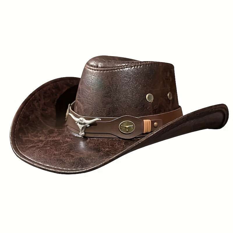 1pc Men'S Breathable Cowboy Hat with Rivets PU Leather Vacation Style Outdoor Casual Camping Fi