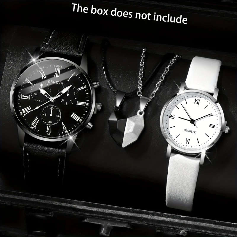 4pcs set Men's and Women's Couple Quartz Watch Set with Magnetic Black and White Love Necklace Simpl