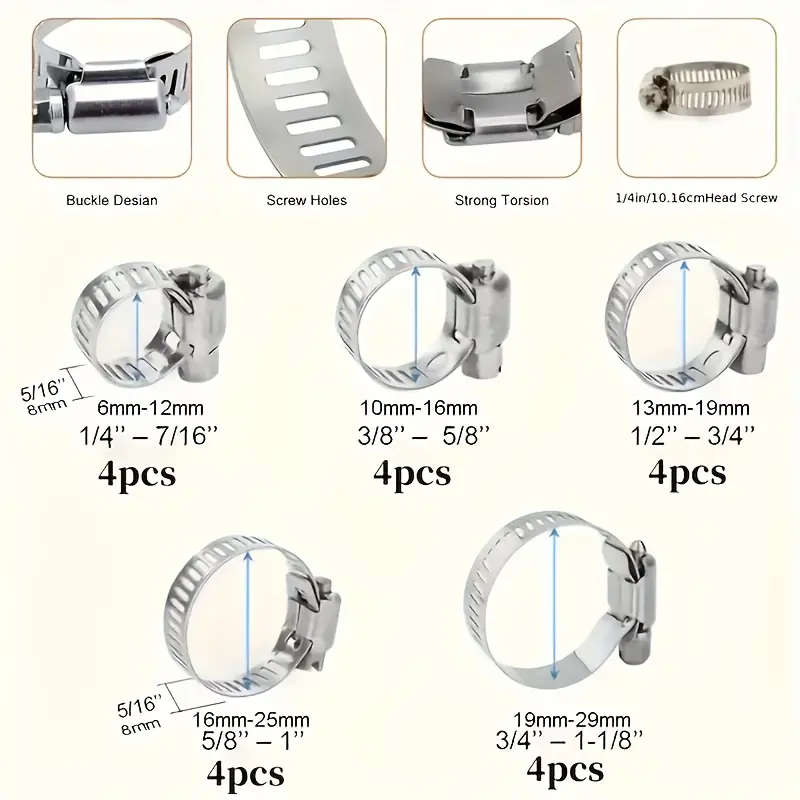 20pcs Premium Stainless Steel Hose Clamp Set  Adjustable Worm Gear for Pipes Intercoolers
