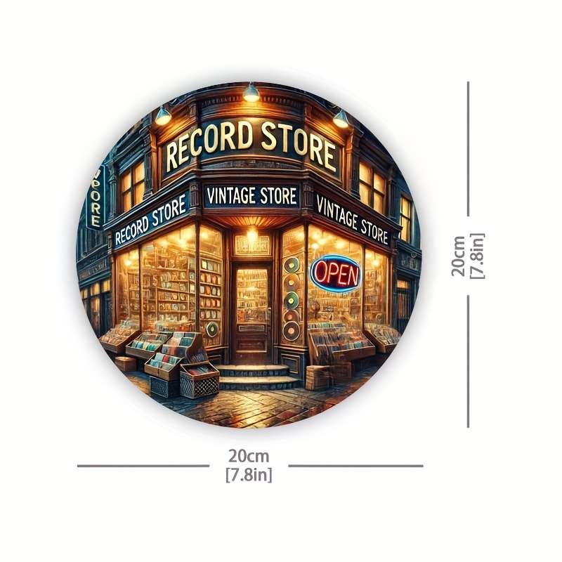 1pc Vintage Record Store Metal Sign 19.81x19.81 cm Round Aluminum Wall Art Retro Decor for Home