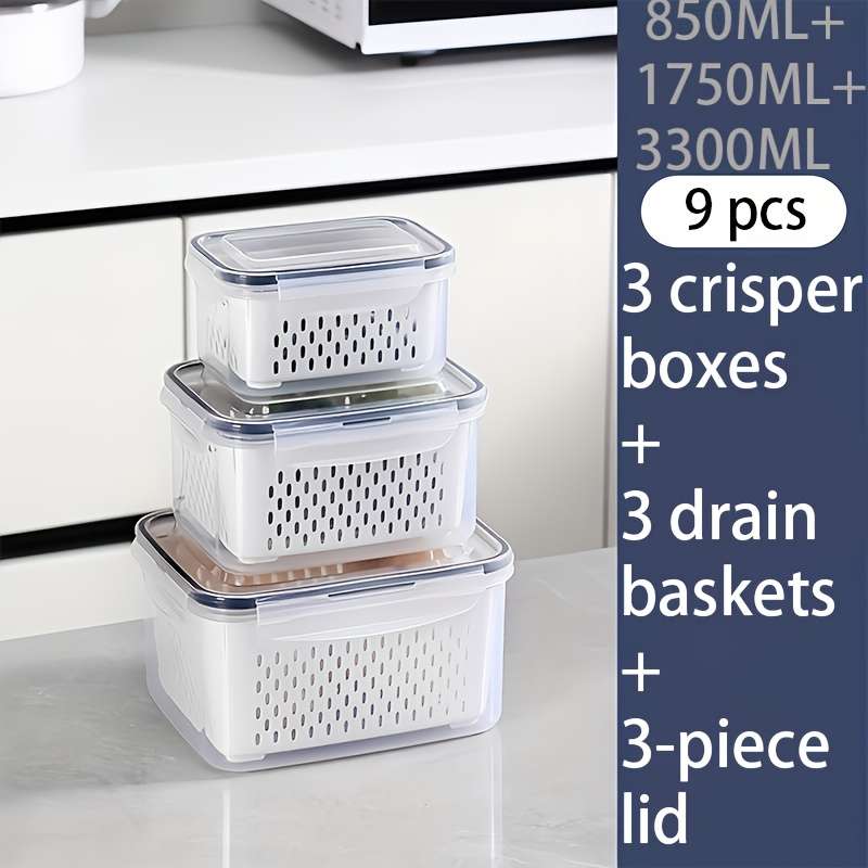 3pcs BPA-Free Plastic Food Storage Container Set with Drain Basket and Lids Leak-Proof Refri