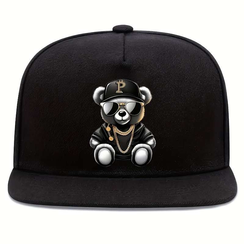 1pc Hip Hop Bear Print Flat Brim Cap Unisex Adjustable Street Style Baseball Hat 100% Polyest
