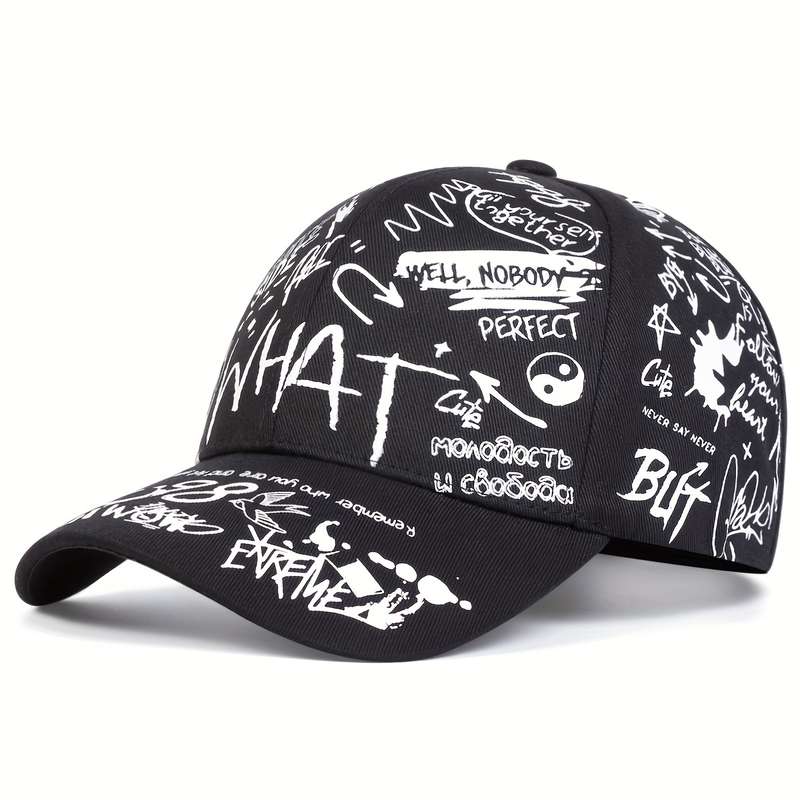 1pc Ladies WHAT Graffiti Baseball Cap: Adjustable Sun-Protective and Perfect for Outdoor Adventur