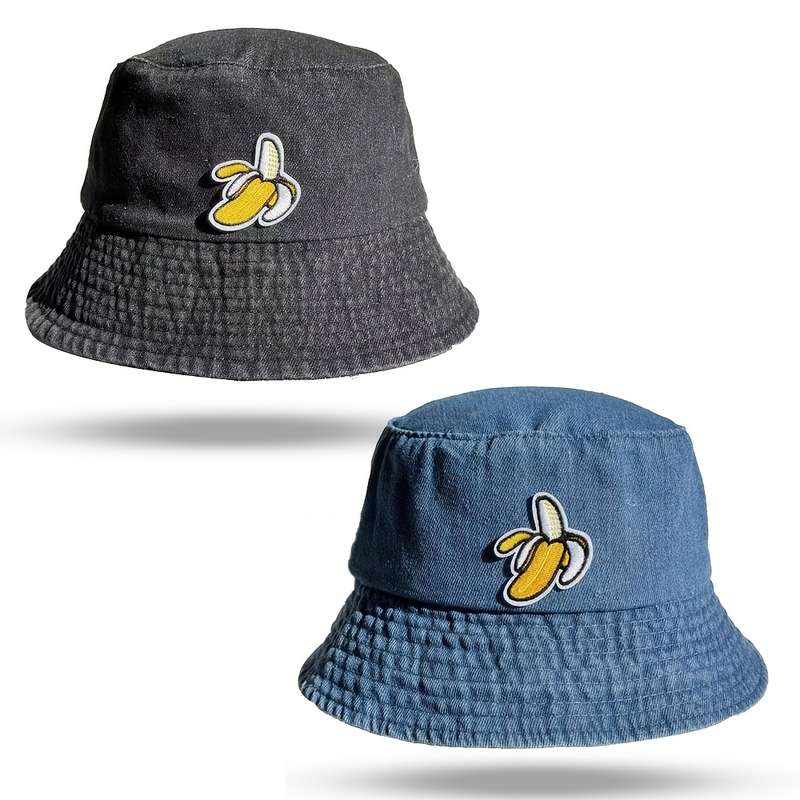 1pc Unisex Embroidered Banana Bucket Hat 100% Polyester Denim Fisherman Cap Soft Washed Fabri