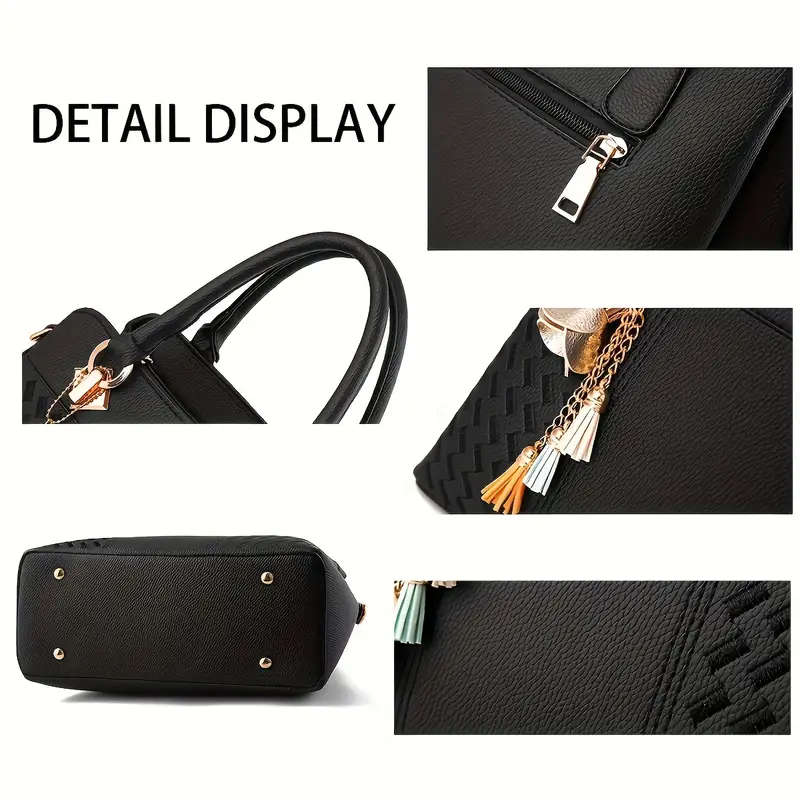 Elegant Embroidered Tote Bag with Tassel Charm Vintage Soft Faux Leather Versatile Crossbody Shoulde