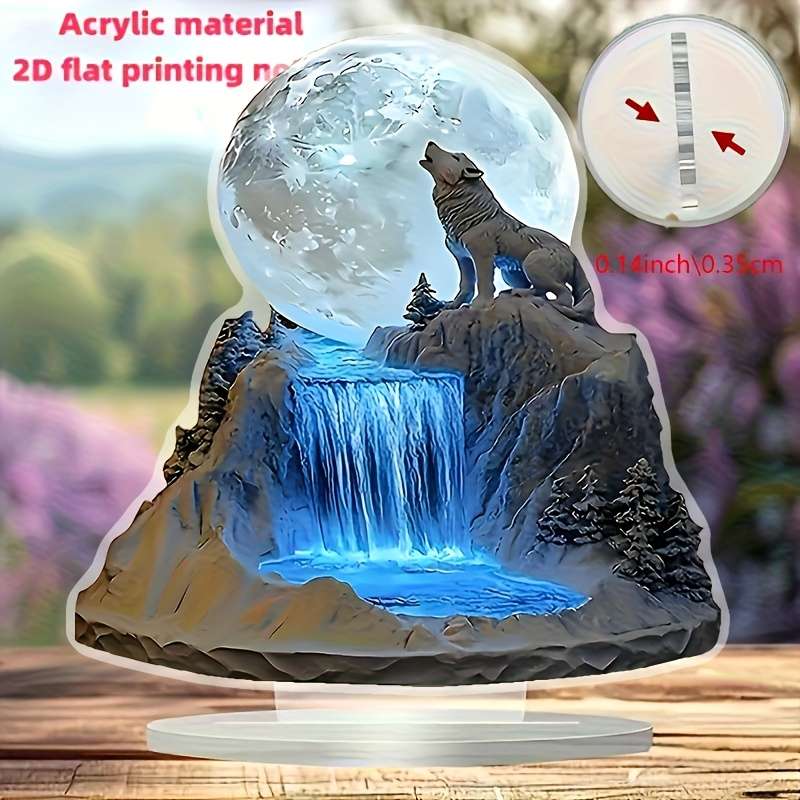 1pc 2D Flat   Bohemian Crystal Desktop Wolf and Full Moon Display 17.02x17.02 cm No Power